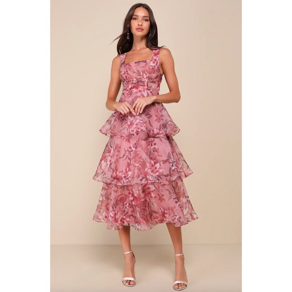 Lulu's Pink Floral Tiered Midi Dress